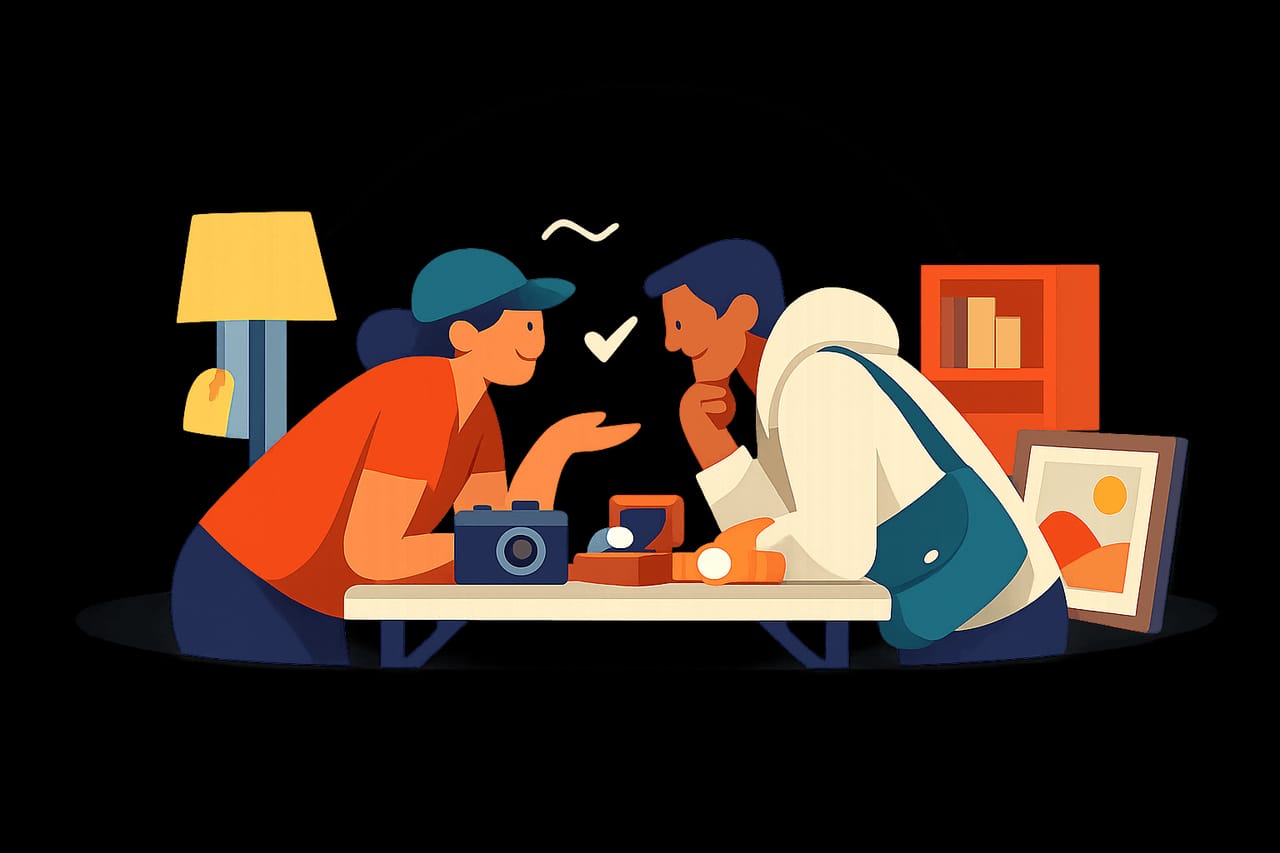 Buyer and seller negotiating over a bundle of secondhand items