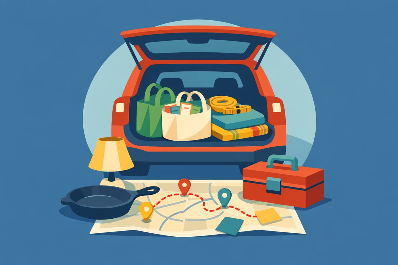 Prepared thrifter packing gear and planning a route for sale hunting